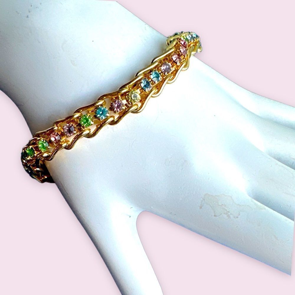 Vintage pastel crystal goldstone link bracelet pink-blue-green-lavender-yellow